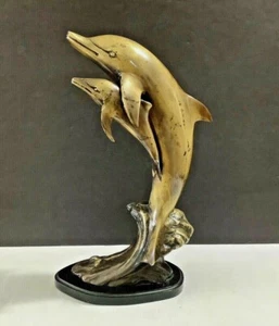 Vintage Bronze Pair Dolphins Nautical 16” Tall Statue Sculpture w/Wood Base - Picture 1 of 12