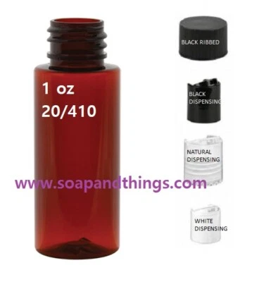 1 oz Amber cylinder PET Plastic Bottle sets -12 bottles & 12 BLACK RIBBED Lids - Image 1 of 2