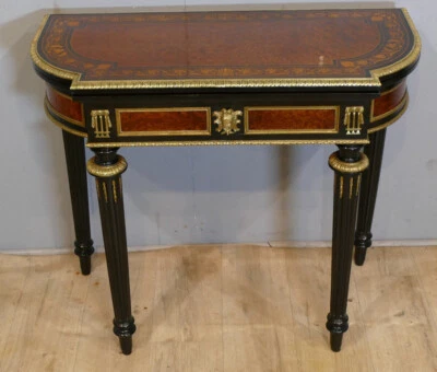 Console Table à Jeux Napoléon III En Loupe De Thuya, Bois Noirci Et Bronze, XIXe - Photo 1/4