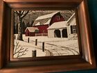 Vintage Snow Barn scene Art on linen w/Copper frame 9x 11