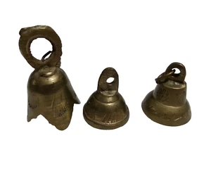 3 Vintage Miniature Brass Bells mini BRASS BELLS Pendants Etched Designs - Picture 1 of 11