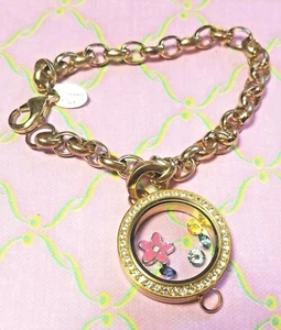 Vintage Origami Owl Gold Tone Living Locket Bracelet Flower Charm Collectible - Picture 1 of 5