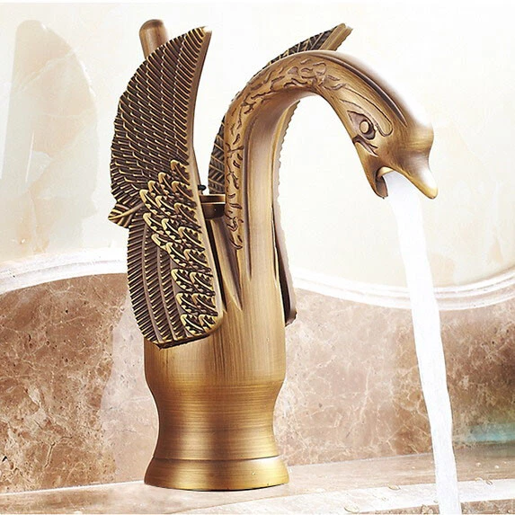 DLL Antique Brass Bathroom Basin Sink Faucet Single Handle Mixer Tap Swan Design