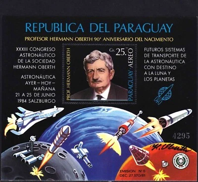 PARAGUAY 1984 Prof. Hermann Oberth,90th Birthday,Space,S/S MNH,Orig. Signed - Image 1 of 2