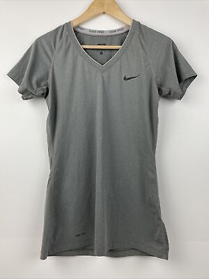 Nike Pro Womens Shirt Top Size Medium Grey Athleisure Dri Fit Logo V Neck • 10€