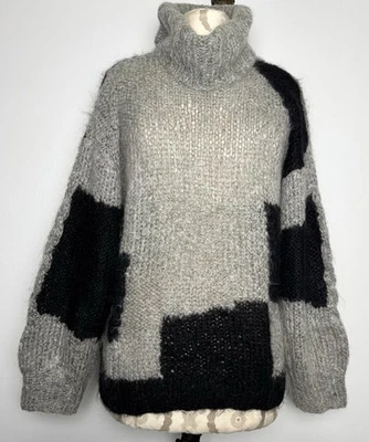 Suéter Italiano Mohair Lana Cuello Alto L Gris Negro Tejido a Mano Artesanal Estate Foto 1 de 4