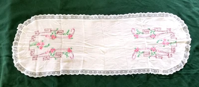 VTG Cottage Cross Stitch Sampler Table Runner 35 x 12" Holiday Thanksgiving Lace - Image 1 of 4