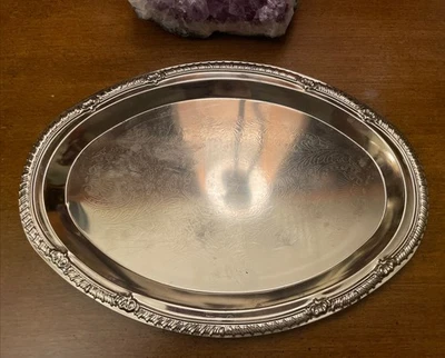 Serving Tray Metal Oval Shape Etched Wheat And Flower Motif Raised Border Classy - Image 1 of 4