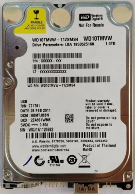 WD10TMVW-11ZSMS4 Western Digital dcm:  HBMTJBBN 28-FEB-2011 USB 3.0 1TB Thailand - Image 1 of 2