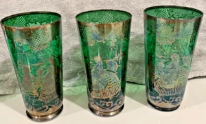 3 Antique Murano Green Water Glasses with silver overlay - Picture 1 of 6
