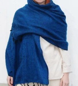 Himalayan Yak Woolen Handmade Wrap Shawl for winter - 80" x 34" inch Blue Color - Picture 1 of 5
