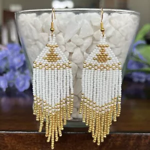 White Gold Seed Beaded Earrings Fringe Tassel Earrings Hypoallergenic Ear Hook - Picture 1 of 4