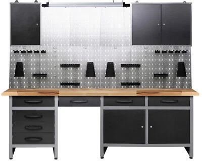 Ondis24 Werkstatteinrichtung 240cm Komplett Werkstattset Werkbank aus Metall LED