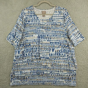 Chicos Shirt Womens 3 US XL Blue Tan Geo Dot Tiered Layer Tunic Top Stretch Knit - Picture 1 of 12