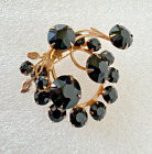 Vintage Black Floral Spray Gold Tone Prong Brooch Pin Statement 2"