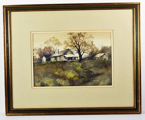 12" Watercolor Painting Paper Signed Mathews Country Scene Americana Barn House - Picture 1 of 7