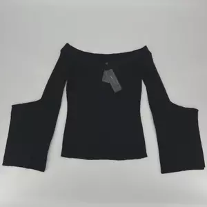 NUEVO CON ETIQUETAS BCBG MAXAZRIA Mujer Stevie Hombro Descubierto Acanalado Tejido Top Talla L Negro Manga Larga - Imagen 1 de 16