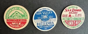CALIFORNIA 3 VINTAGE DAIRY MILK CAPS * SAN DIMAS * SUN VALLEY * SUPERIOR HANFORD - Picture 1 of 1