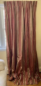 Pair Custom Silk Pinch Pleated Curtain Drapes Inter Lined Rust Gold Stripe 92x34 - Picture 1 of 19