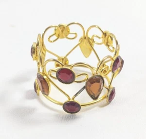 4 Pier One Imports Jeweled Napkin Rings Red & Amber Set In Gold Tone Metal - Picture 1 of 4