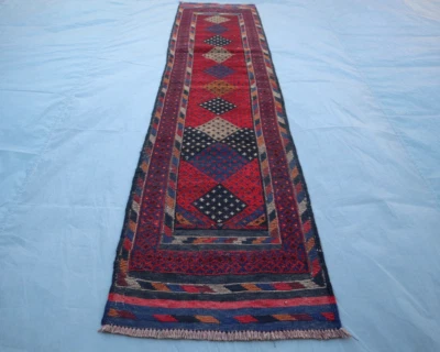 2x8 Vintage Afghan Mishwani Runner -Hand Tribal Wool Rug - Red Geometric Nomadic - Image 1 of 4