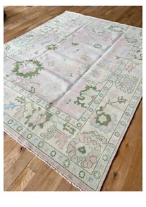 Oushak Hand-Knotted Rug – Faded Pink and Sage Green Floral Turkish Wool Carpet - Picture 1 of 4