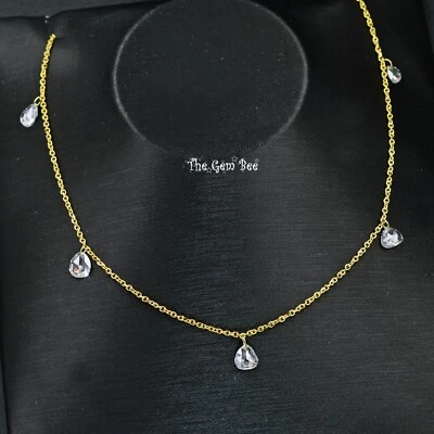 14K Gold 5 Floating White Rose Cut Drilled Diamond Briolette Bead Necklace 18" - Image 1 of 4