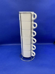 Pier 1 Imports Weiß Steinzeug 6 Stapelturm Kaffeetasse Becher 8 Unzen & Metallgestell - Bild 1 von 11