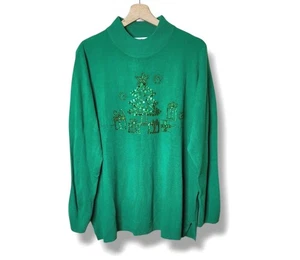 Quacker Factory Christmas Sweater 2X NWT Green Beaded Sequin Tree Holiday Plus - Picture 1 of 7