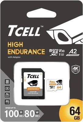 TCELL Haute Endurance 64 Go 1 Pack Carte Mémoire MicroSDXC avec Adaptateur - A2, UHS-I U - Photo 1/2
