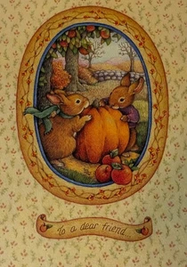 Vintage Lisa Blowers Thanksgiving Card UNUSED Bunny Couple With Pumpkin & Apples - Picture 1 of 4