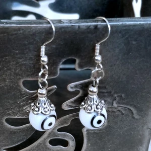 Handmade Evil Eye White Lampwork Glass Beads Protective Talisman Drop Earrings - Picture 1 of 5