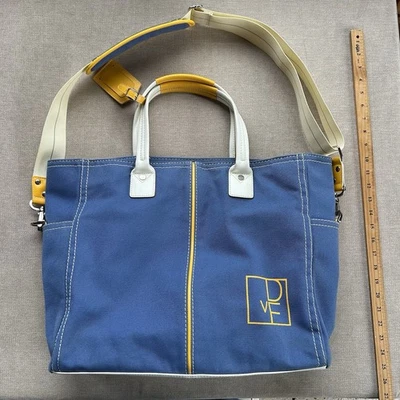 Diane Von Furstenberg Over Night Blue & Yellow Canvas Tote Bag Removable Strap - Image 1 of 4