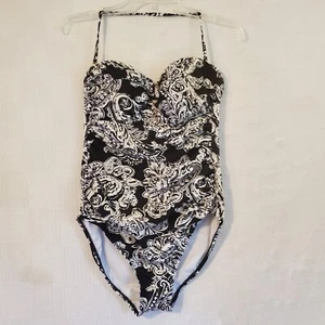 Lauren Ralph Lauren Ruched One Piece Swimsuit Womens 8 Black White Paisley - Picture 1 of 8