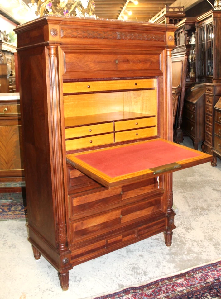 Escritorio de secretaria francés antiguo Luis XVI de nogal | Armario de escritorio con tapa de mármol Foto 1 de 4