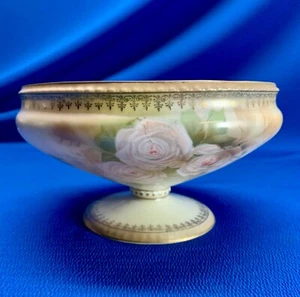 RS PRUSSIA WREATH MARK PEDESTAL BOWL 3.75"H X 6.75DIA PINK ROSES SATIN FINIISH - Picture 1 of 7