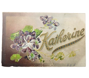 Katherine Antique 1910s Embossed Raphael Tuck Postcard with Violet Bouquet Used - Picture 1 of 9