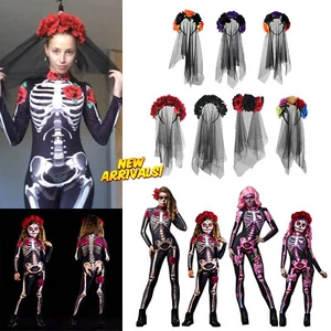Women Halloween Party Skeleton Bone Jumpsuit Bodysuit Fancy Dead Cosplay Costume - Picture 1 of 40