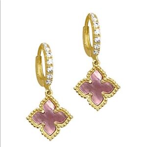 ADORNIA 14K Plated Gold Floral Dangle Hoops Pink Mother of Pearl MSRP $125