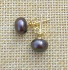 Charming Natural 9-10mm Dark South Sea Pearl Stud Earring 14k Yellow Gold P