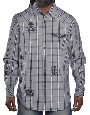 Marc Ecko Mens $68 Skull Gray Plaid Casual Button Up Shirt Medium Y2K - Image 1 of 3