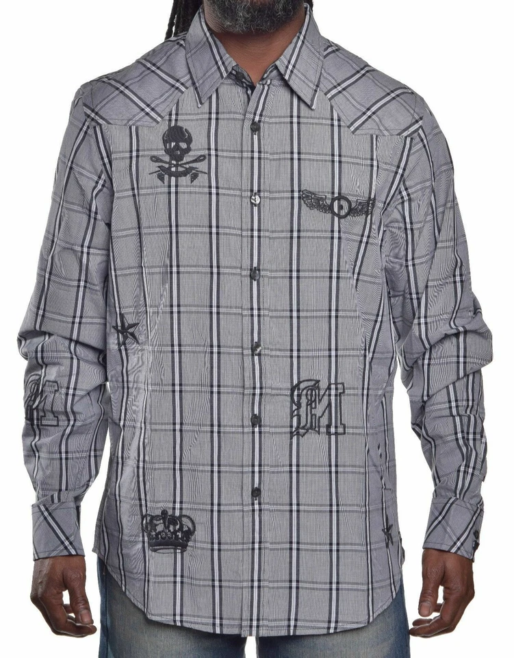 Marc Ecko Mens $68 Skull Gray Plaid Casual Button Up Shirt Medium Y2K - Image 1 of 3