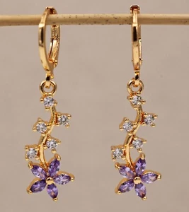 Pretty 18K Yellow Gold Filled Purple Marquis CZ Flower Mini Hoop Dangle Earrings - Picture 1 of 4