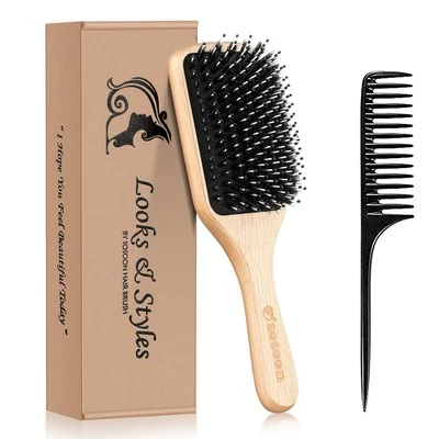 Sosoon Boar Bristle Paddle Hair Brush – Detangler for All Hair Types + Comb - Image 1 of 4