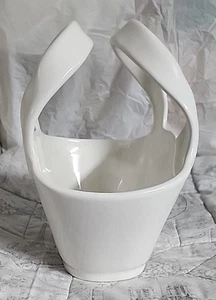 Pottery Barn Ceramic Basket 6.75" Ivory White Double Handle Easter Spring Summer - Picture 1 of 14