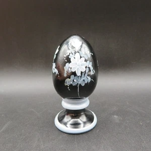 Vintage Fenton Glass Painted Floral Black Ebony Egg on Stand Signed Louise Piper - Picture 1 of 7