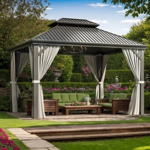 10x12 FT Hardtop Gazebo, Aluminum Frame, Steel Roof, Nettings & Curtains, Gray - Picture 1 of 15