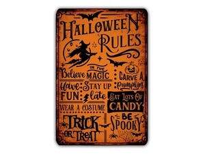Letrero de reglas de Halloween calabaza magia espeluznante caramelo truco golosina disfraz vintage retro - Imagen 1 de 6