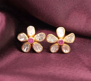 Polki Diamond Earrings, 925 Sterling Silver Charms Ruby Floral Wedding Earrings - Picture 1 of 7