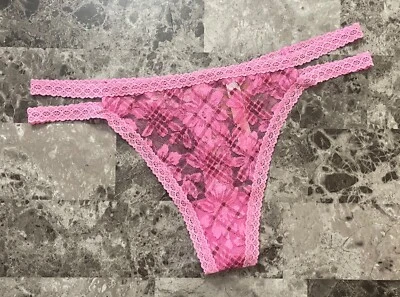NWT VICTORIA'S SECRET PINK MAROON PLAID FLORAL LACE STRAPPY SIDE THONG PANTIES - Image 1 of 3